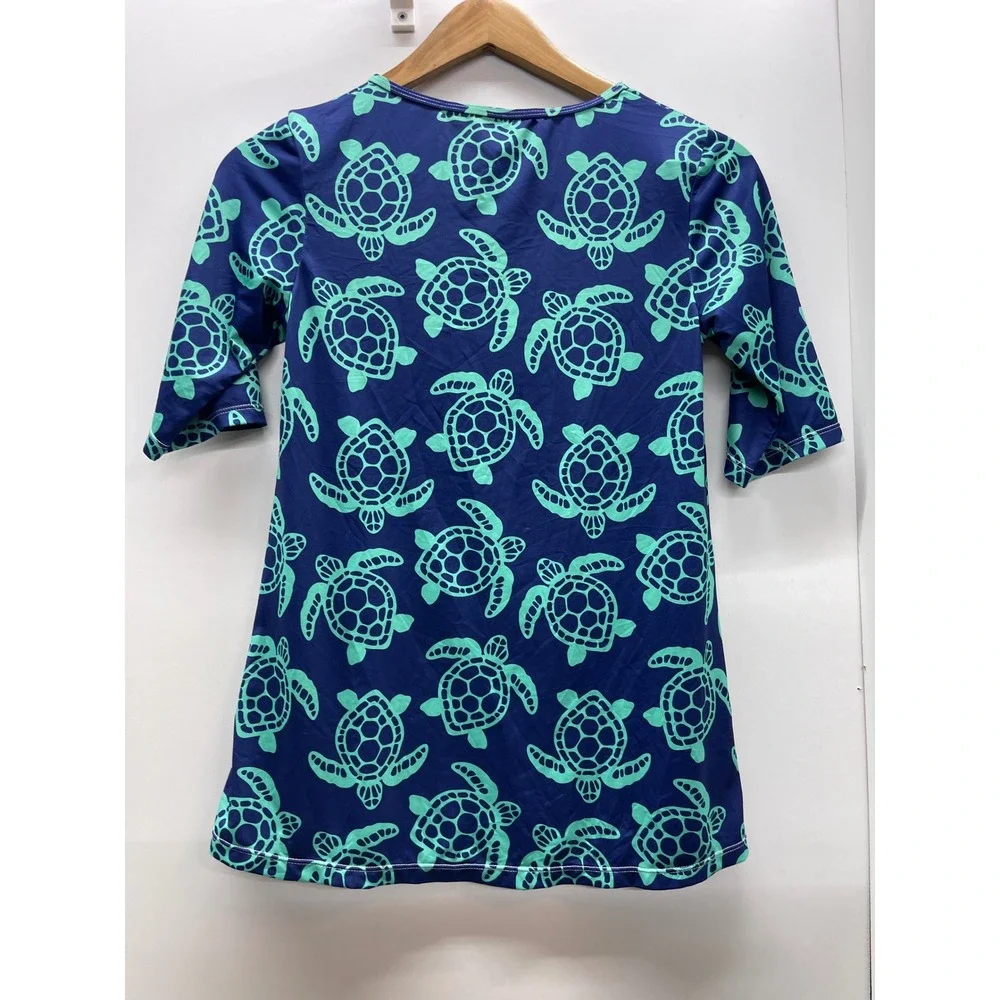 Viv & Lou Sea Turtle Print V-Neck Swim Cover Up Tunic Navy Mint XXL Monogram E